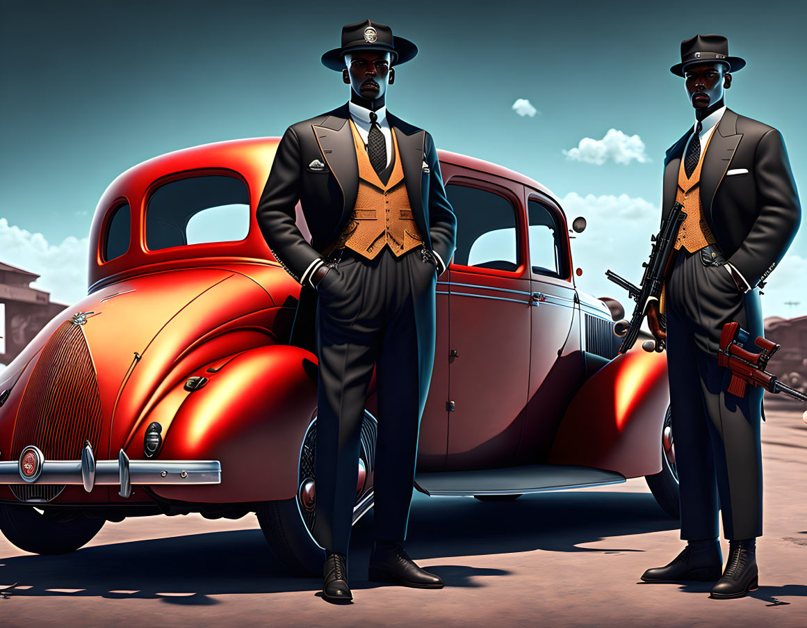 Vintage gangster-themed animated characters with Tommy gun by classic red car