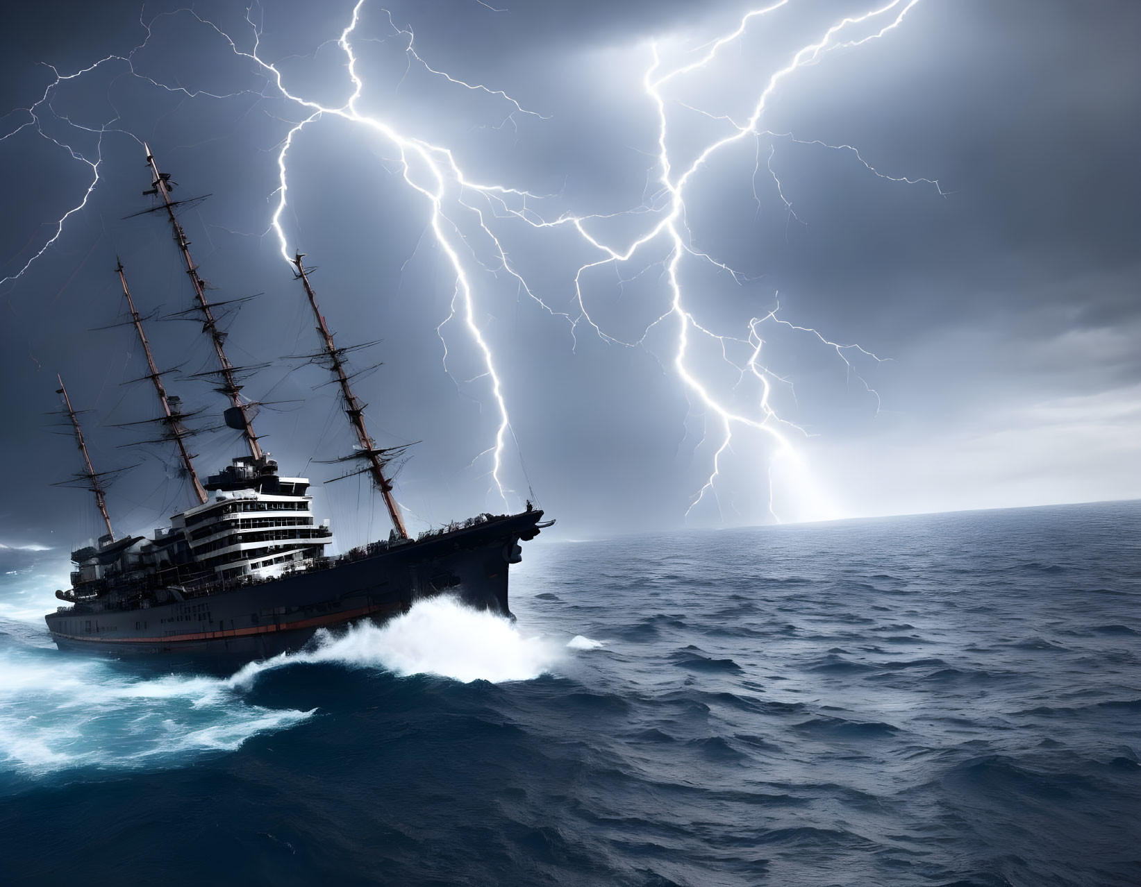 Tall ship sailing through stormy seas with lightning bolts