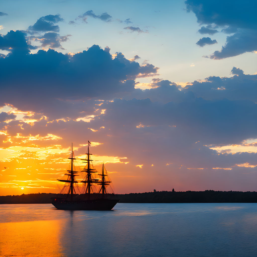 Tall ship sailing at sunset with vibrant colors and serene sky