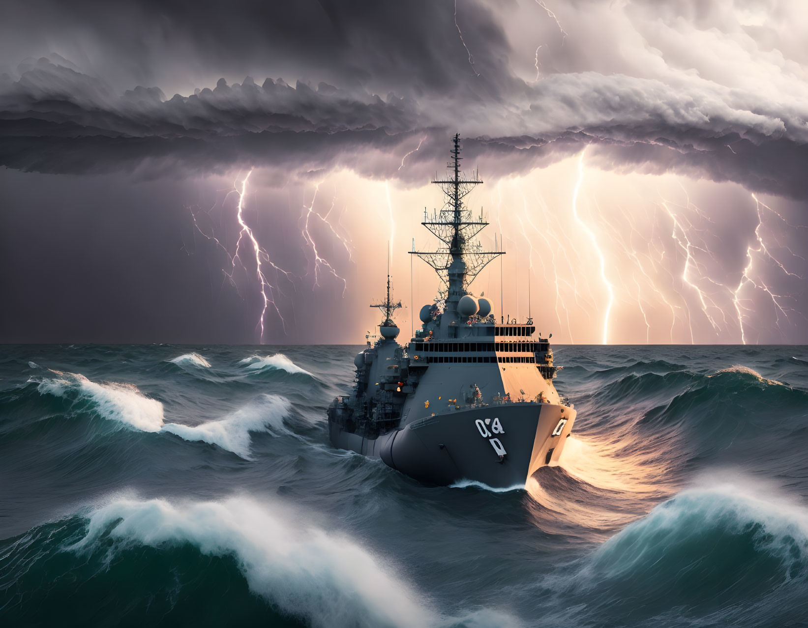 Military ship in stormy sea with lightning.