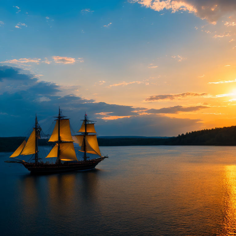 Tall ship with illuminated sails on tranquil sea at sunset