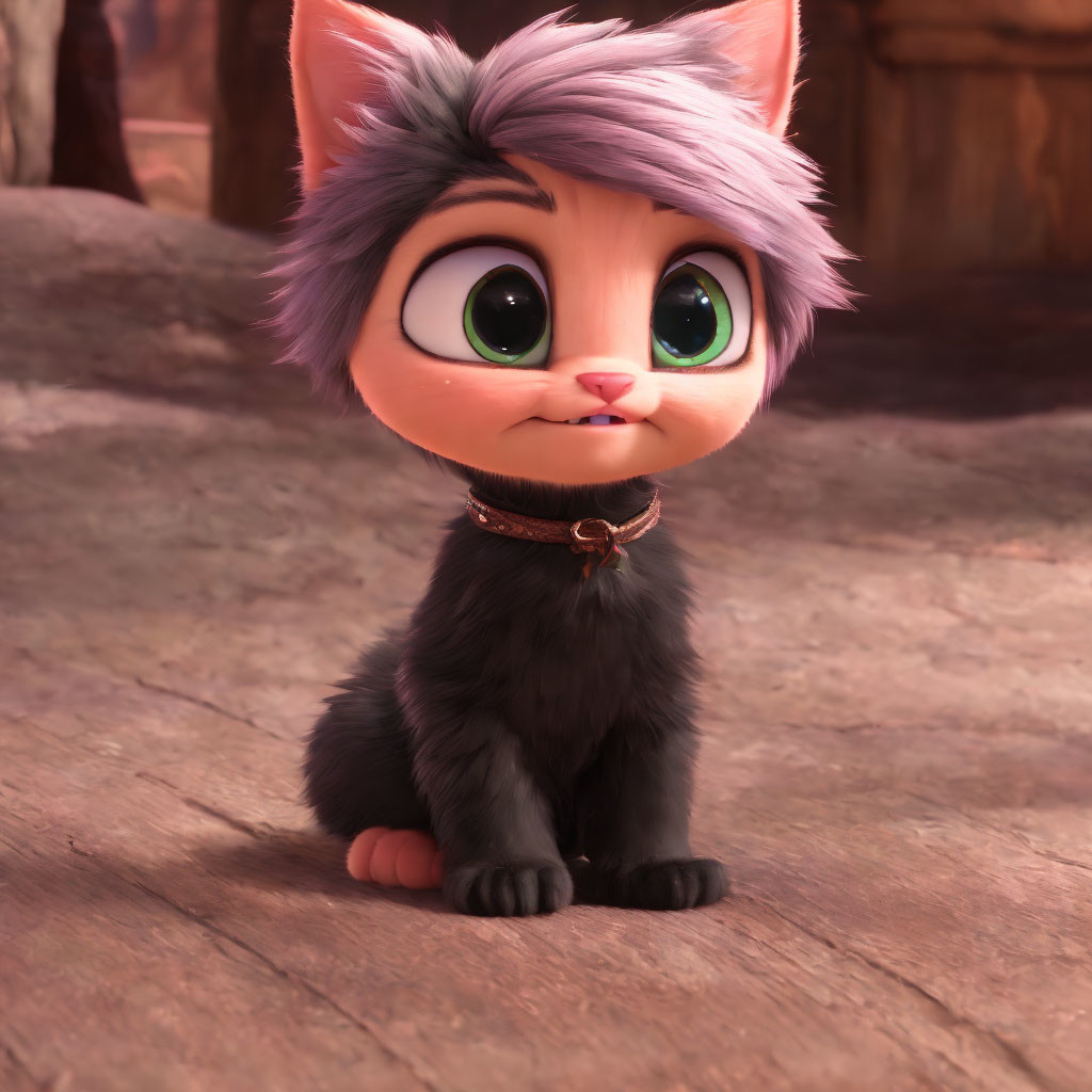 Purple animated kitten with green eyes and spiked collar on wooden floor