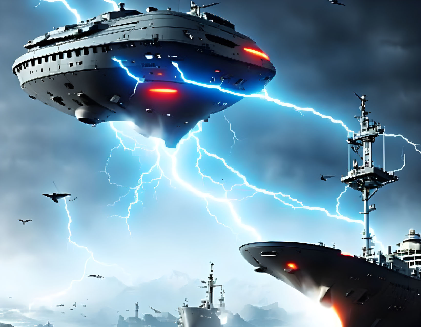 Futuristic naval warships in sky with lightning, one ship taking off, birds flying.