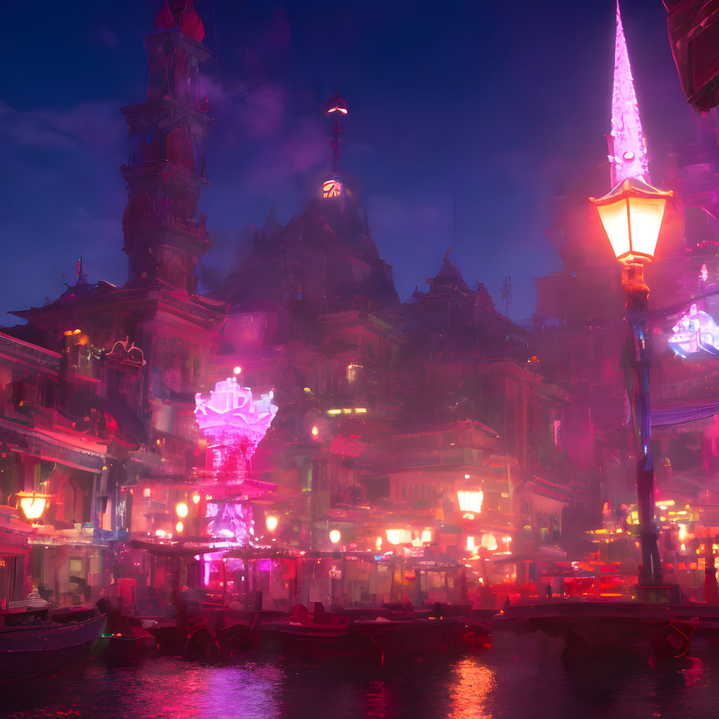 Neon-lit fantasy cityscape with purple crystal structure and traditional buildings at dusk