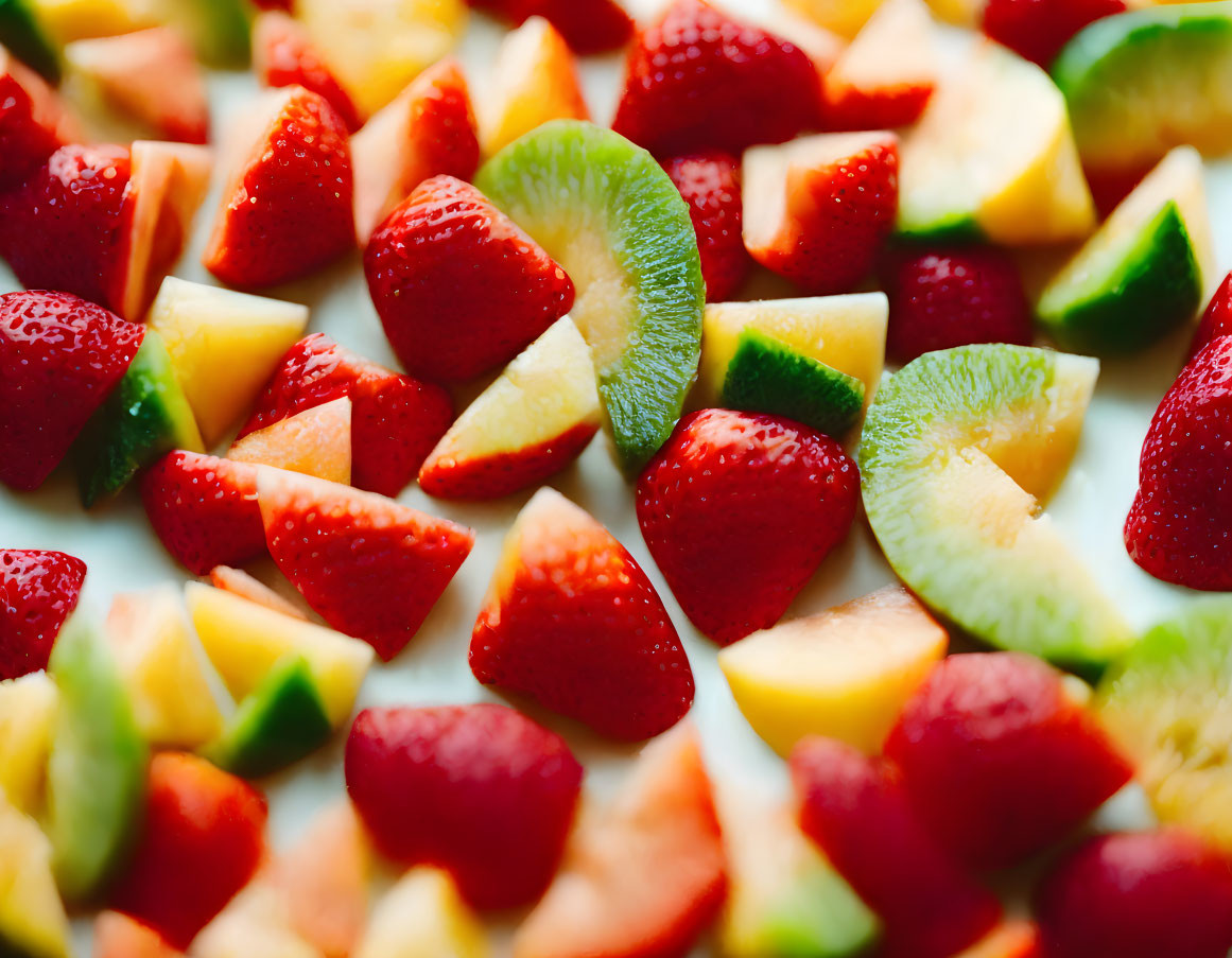 Fresh Fruit Slices: Strawberries, Kiwis, and Mangoes Arranged Colorfully