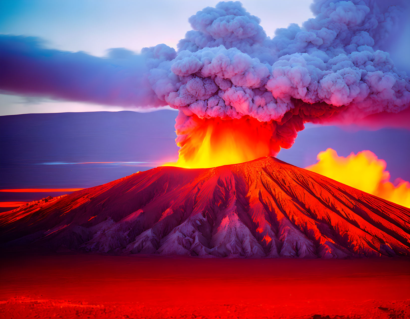 Volcanic eruption with smoke and ash plumes over red lava flows