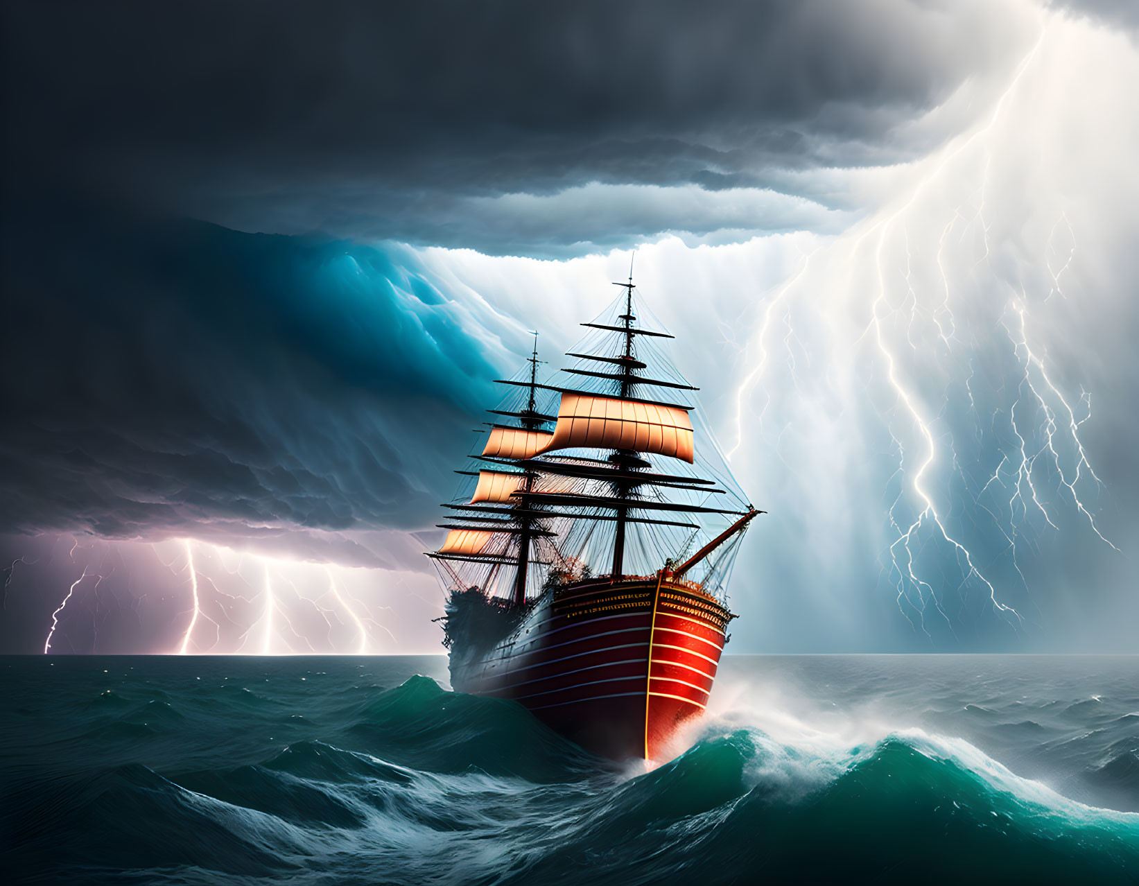 Tall Ship Sailing in Stormy Sea with Lightning