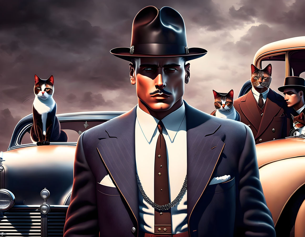 Vintage style illustration featuring stern man in fedora, vintage cars, and expressive cats with human-like faces