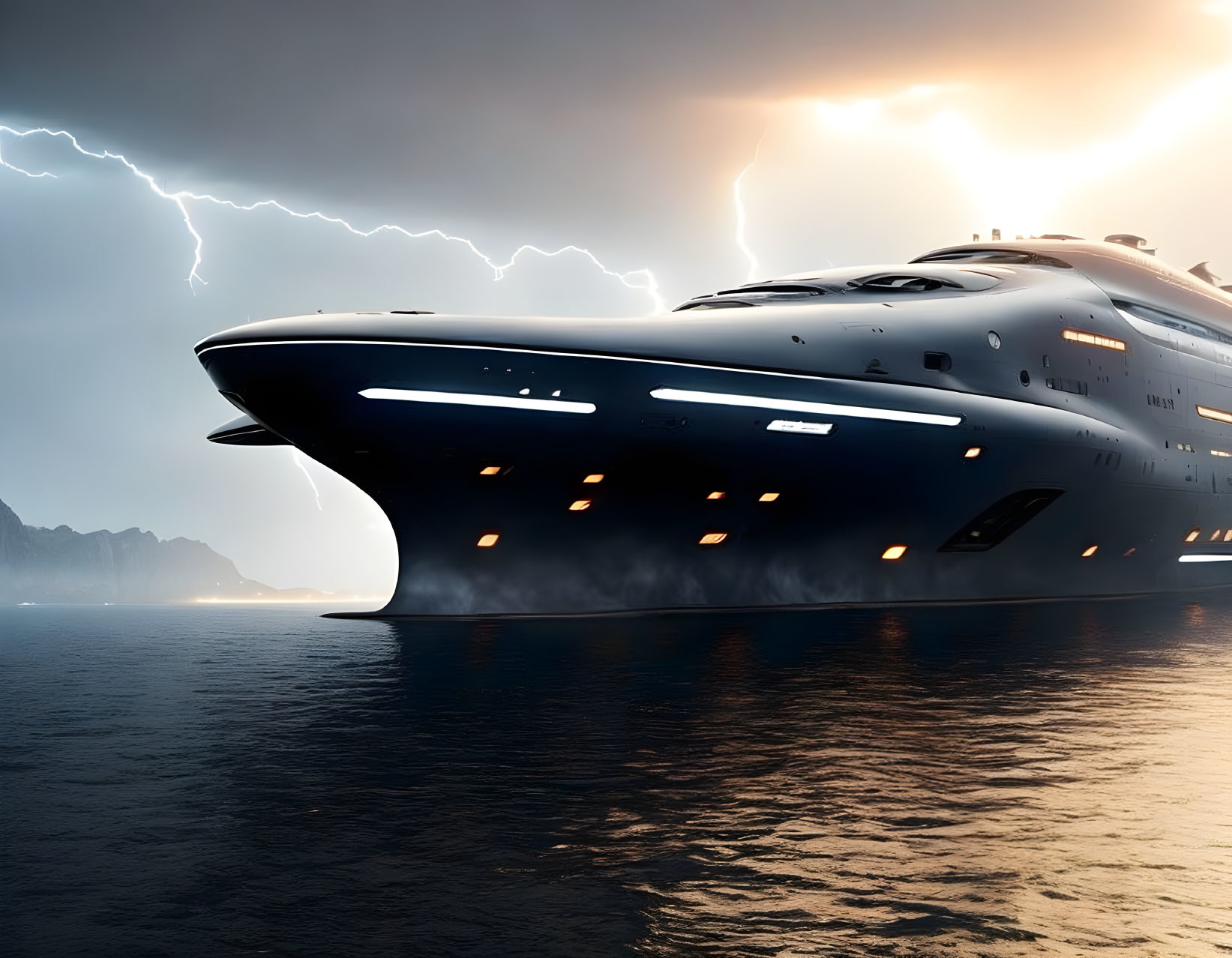 Futuristic yacht on calm sea at twilight with lightning bolts