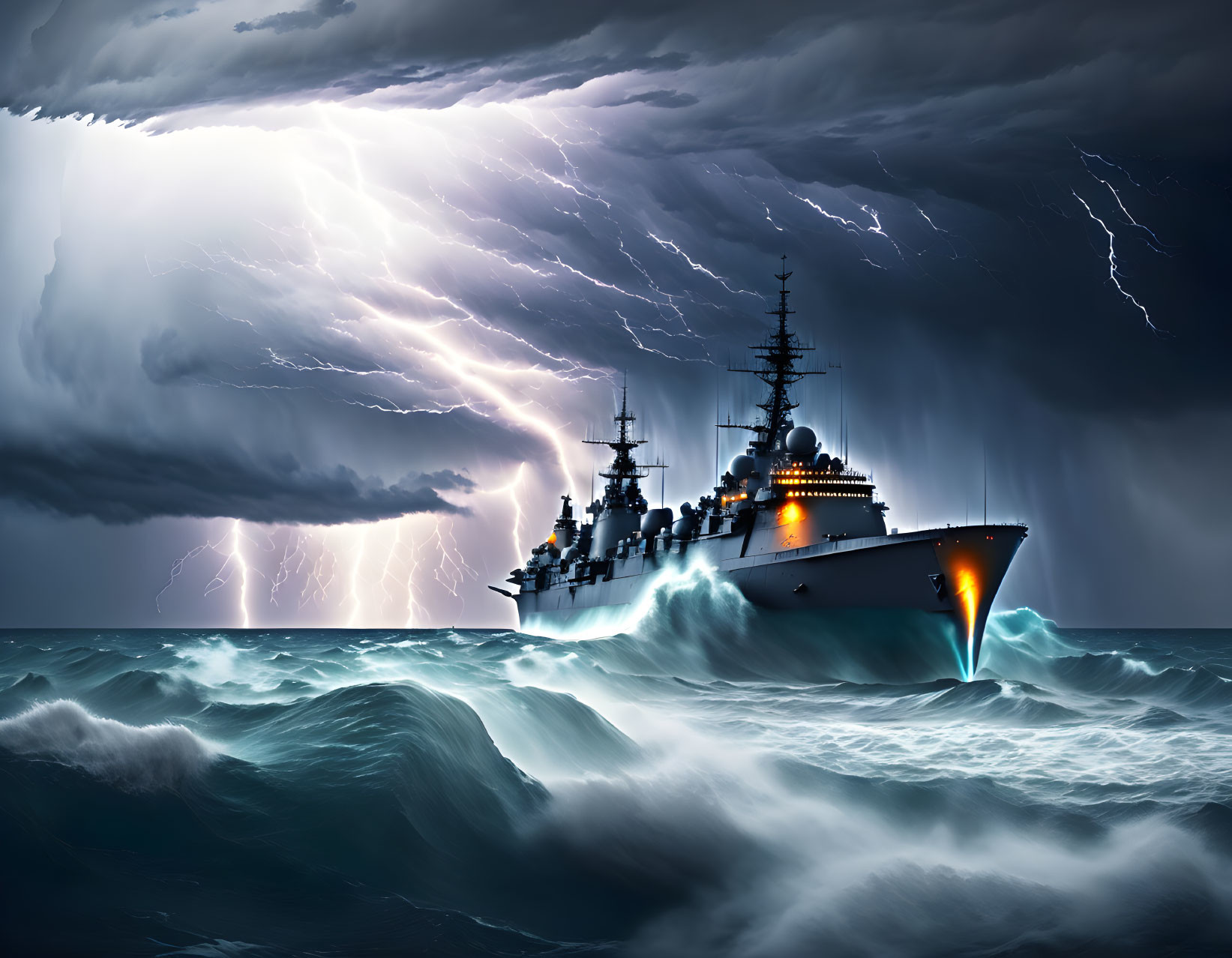 Stormy Seas: Battleship Amid Lightning and Dark Clouds