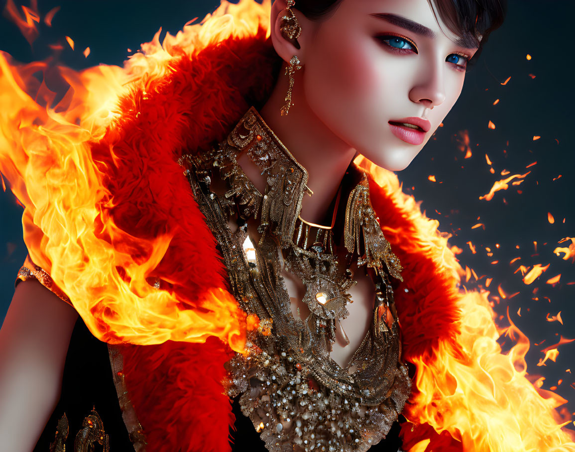 Digital artwork of person with blue eyes, gold jewelry, fiery cloak