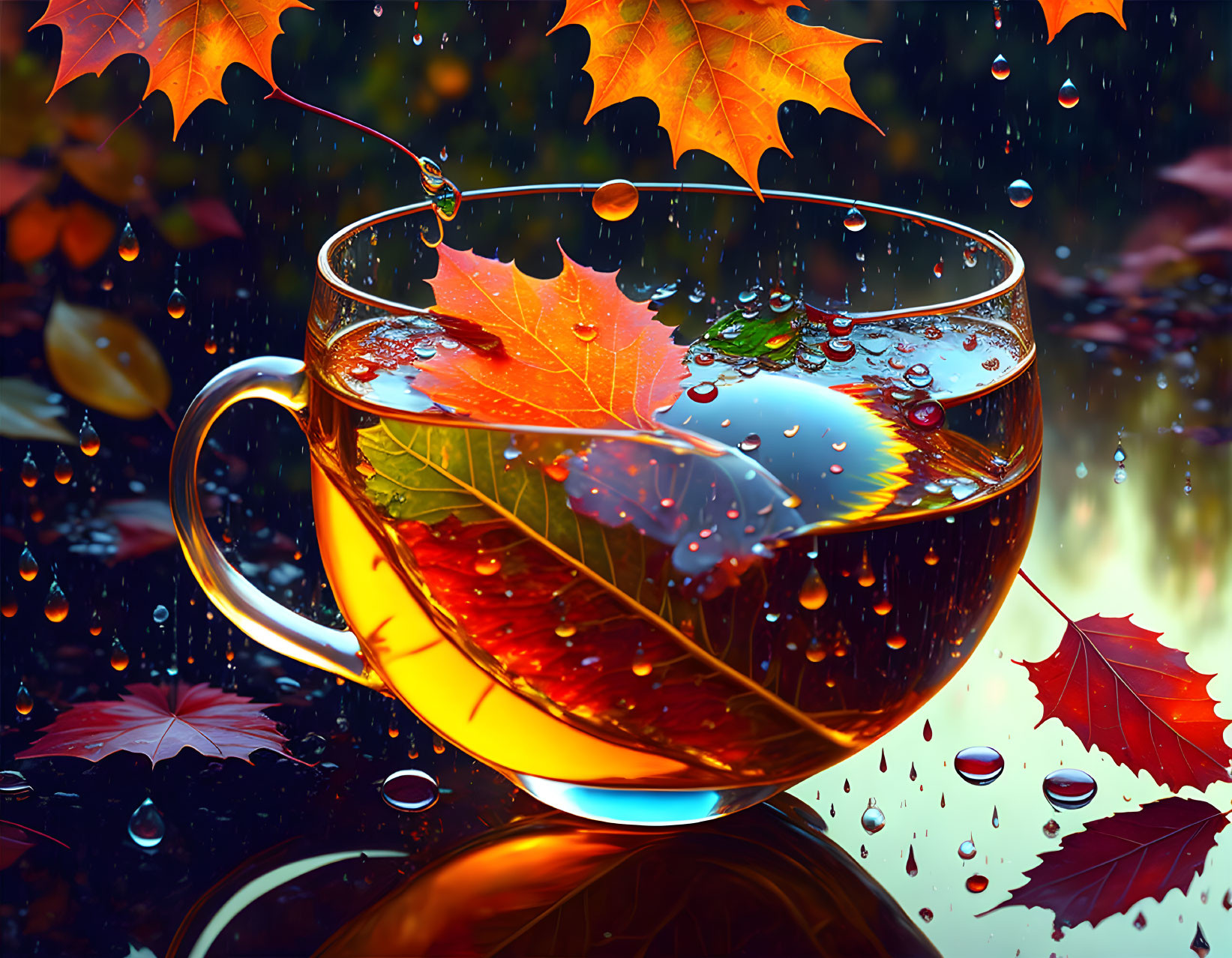 Transparent tea cup with amber liquid, autumn leaf, raindrops, and fallen leaves on reflective surface.