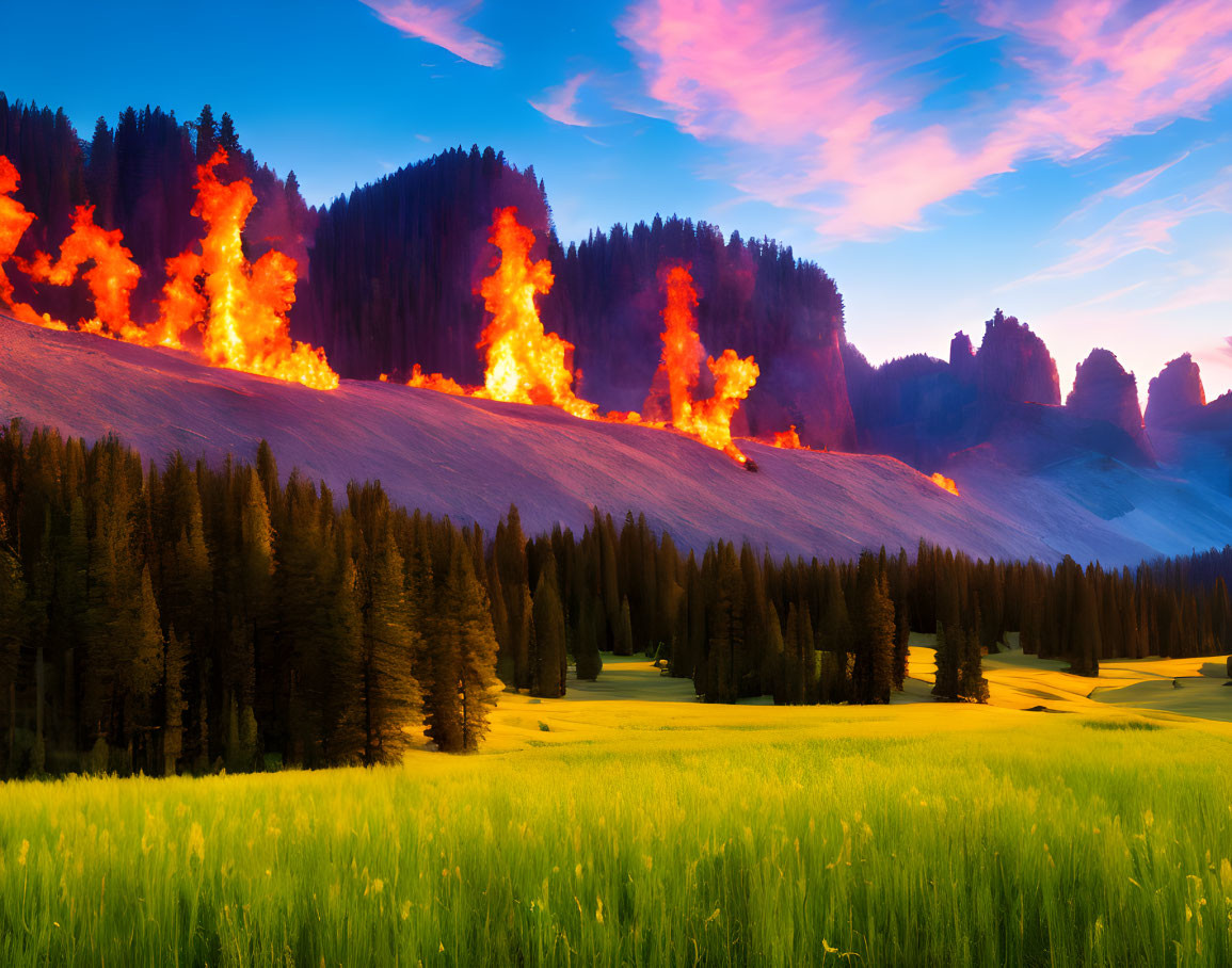 Forest Fire Engulfs Mountain Slope at Sunset