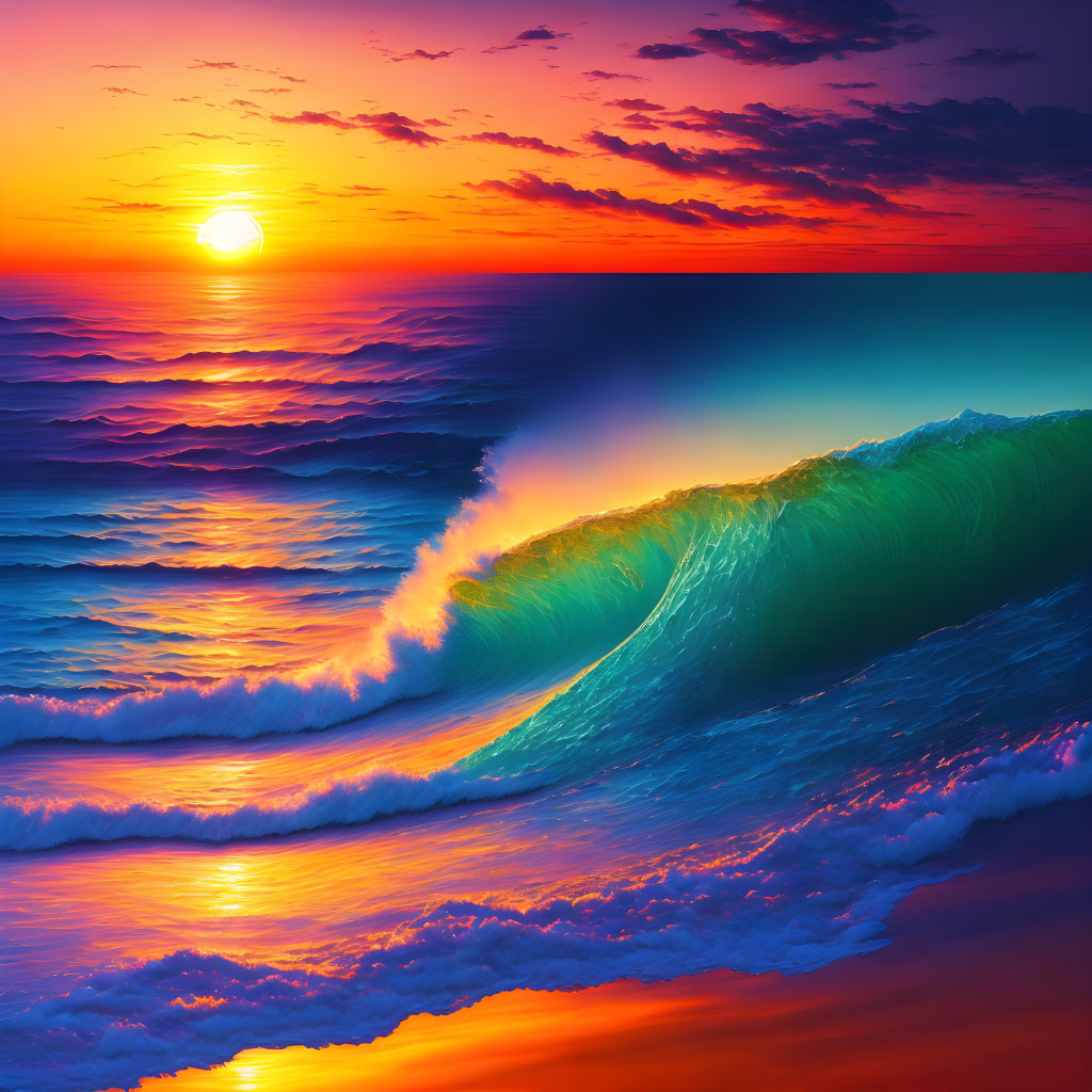 Colorful Ocean Sunset with Large Wave Reflecting Sunlight