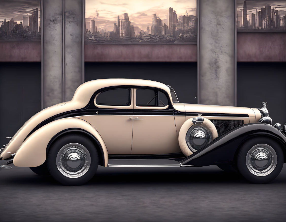 Vintage Beige Car Against Sepia-Toned Industrial Cityscape