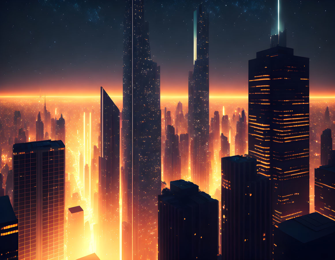 Futuristic city skyline at dusk with illuminated skyscrapers