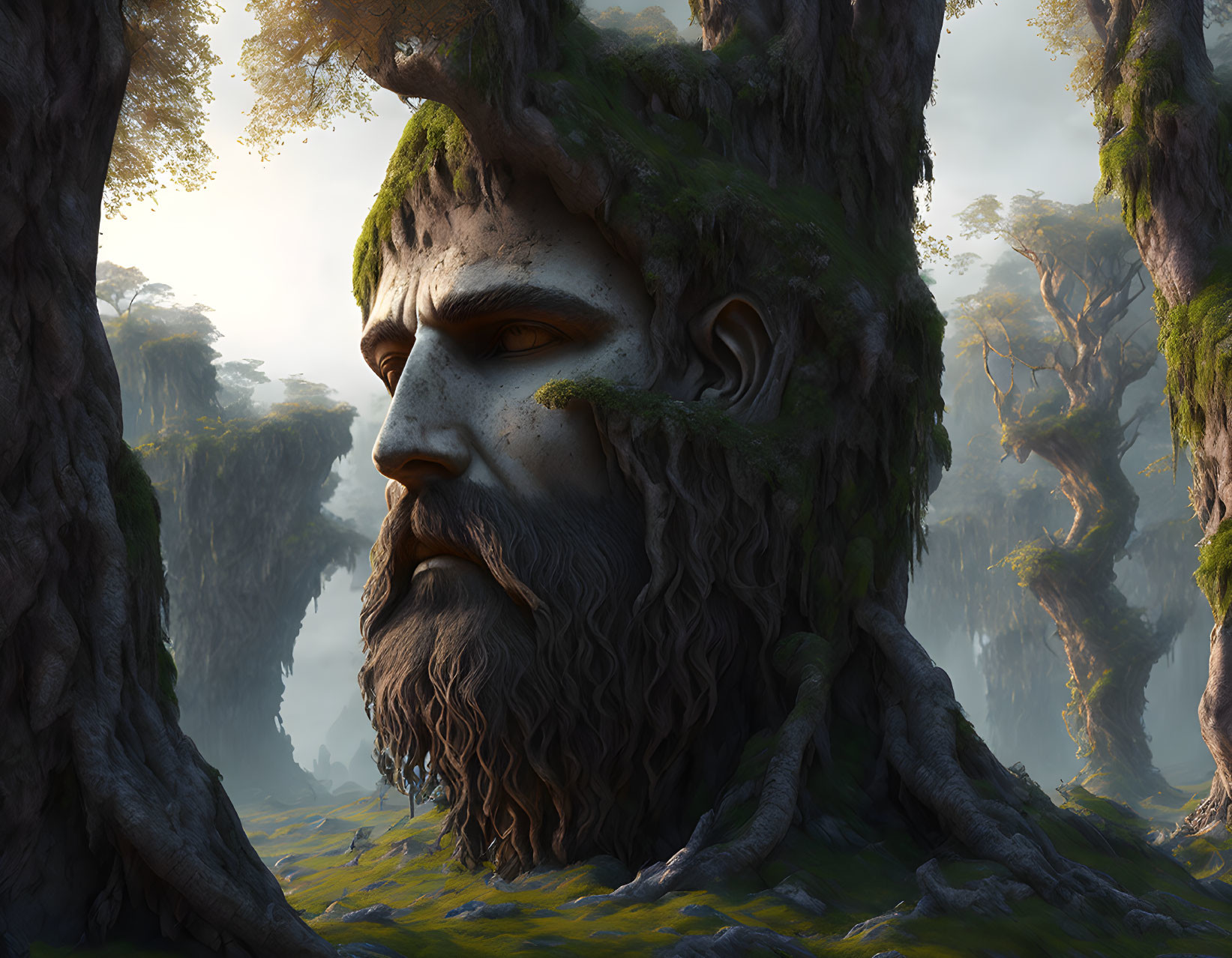 Gigantic Face Blended with Ancient Trees in Mystical Forest