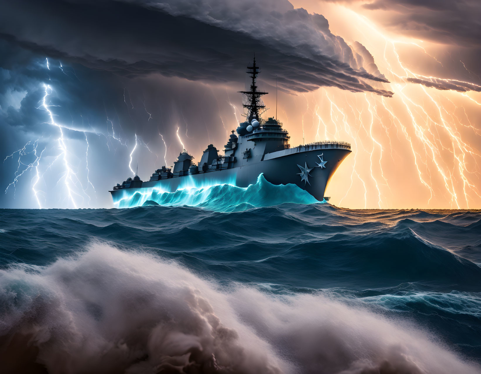 Warship navigating stormy seas under dramatic lightning-filled sky