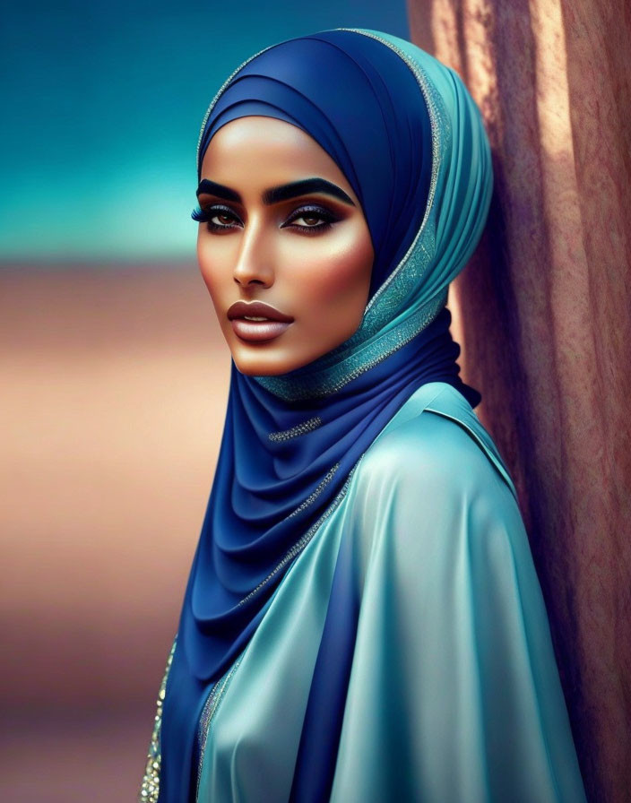 Detailed illustration of woman in blue hijab and outfit with striking gaze.