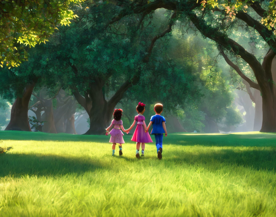 Three children walking in sunlit forest scene.