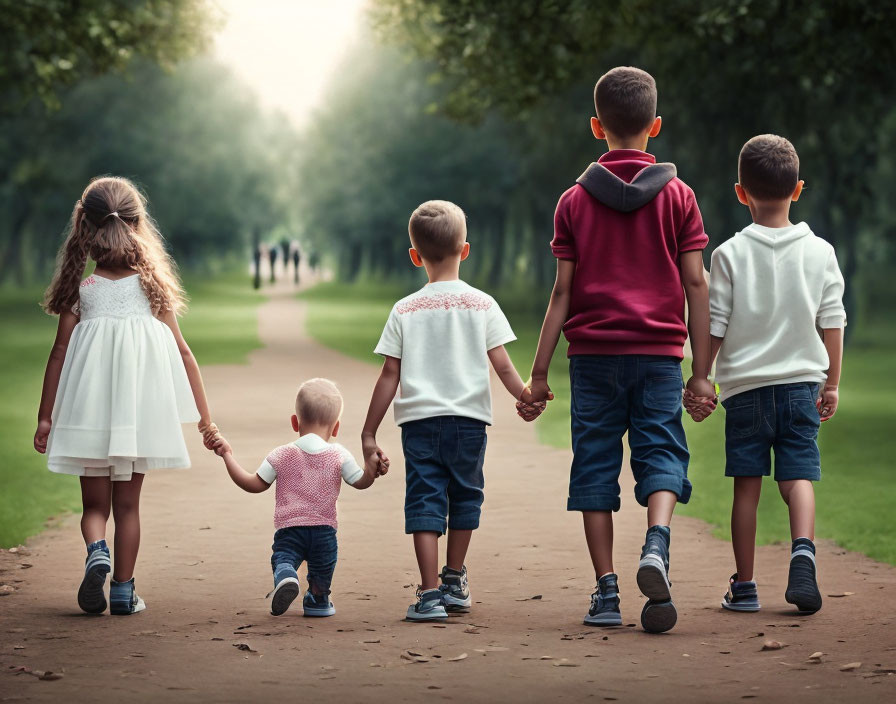 Children holding hands in park surrounded by lush green trees