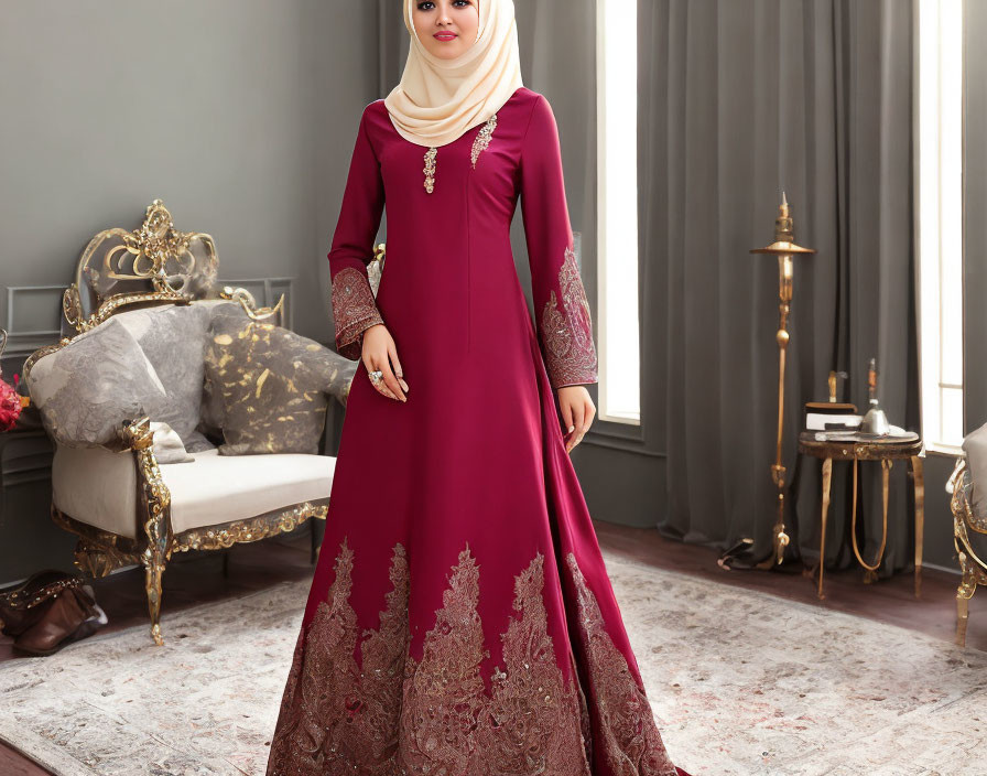 Elegant woman in maroon dress and hijab in luxurious room