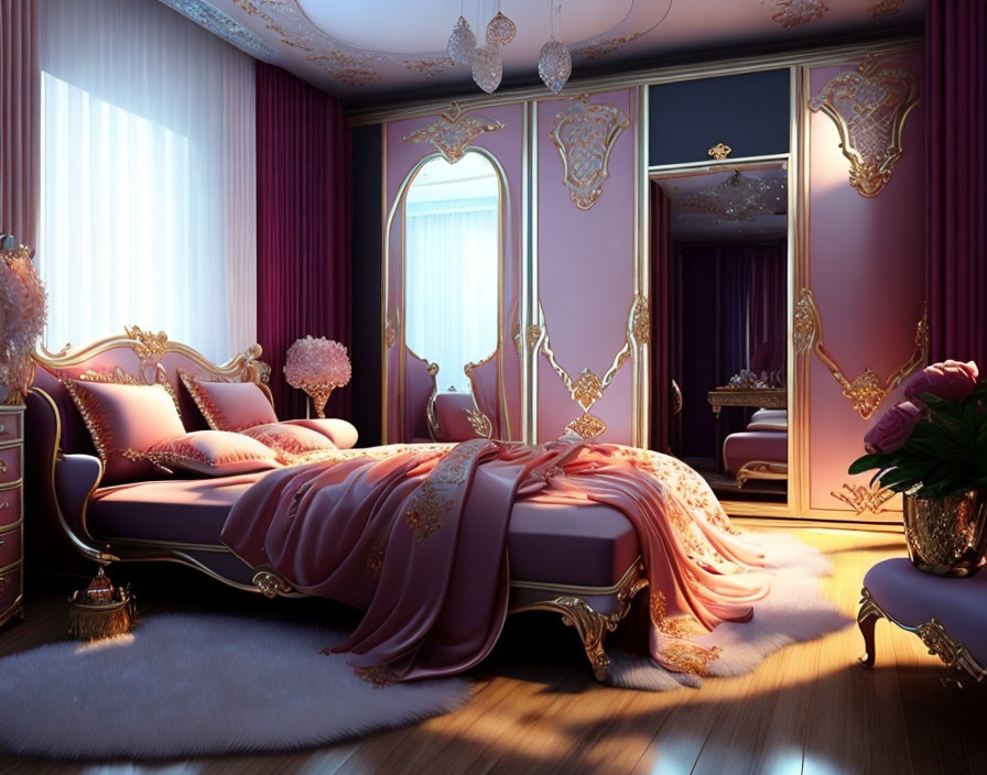 Classic ornate bed in luxurious bedroom with pink and gold decor