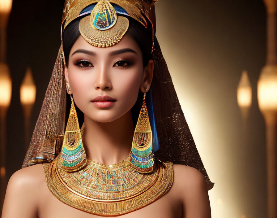 Woman in Cleopatra-inspired costume with golden headdress and colorful necklace on warm-toned backdrop