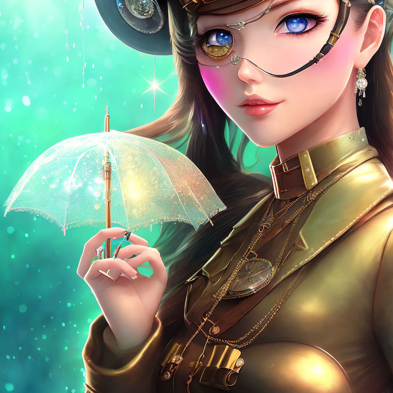 Stylized portrait of woman with blue eyes in steampunk attire.