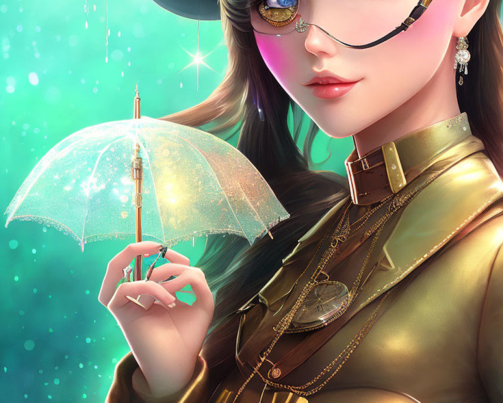 Stylized portrait of woman with blue eyes in steampunk attire.