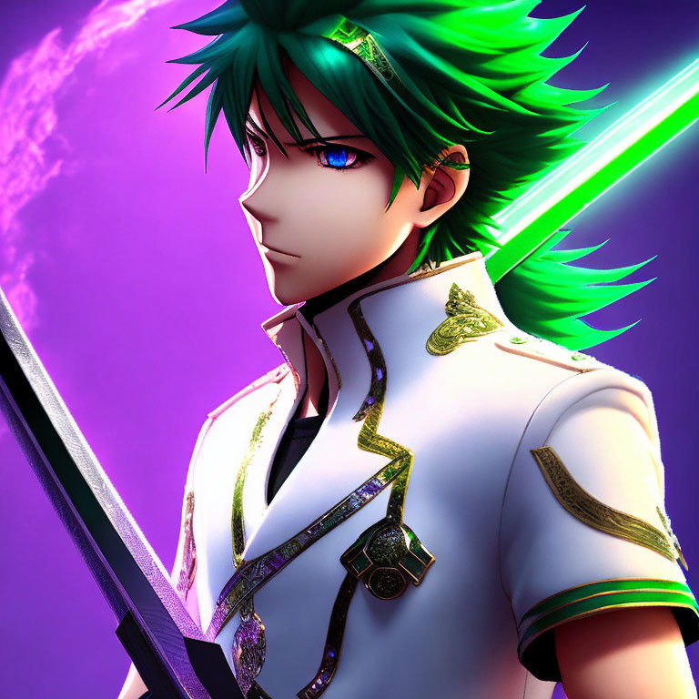 Spiky Green-Haired Animated Character in White Military Uniform