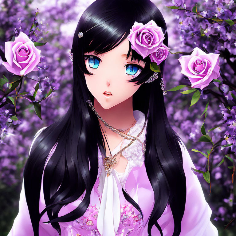 Anime-style girl with blue eyes and long black hair in a field of purple flowers