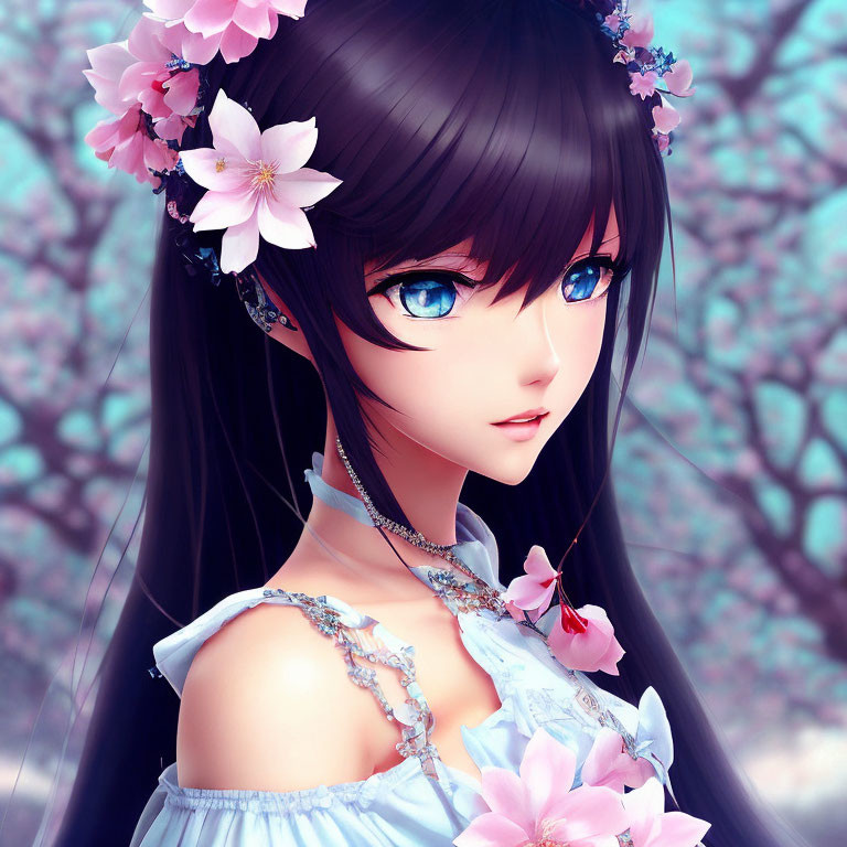 Anime-style Female Character with Blue Eyes and Dark Hair in Blue Dress