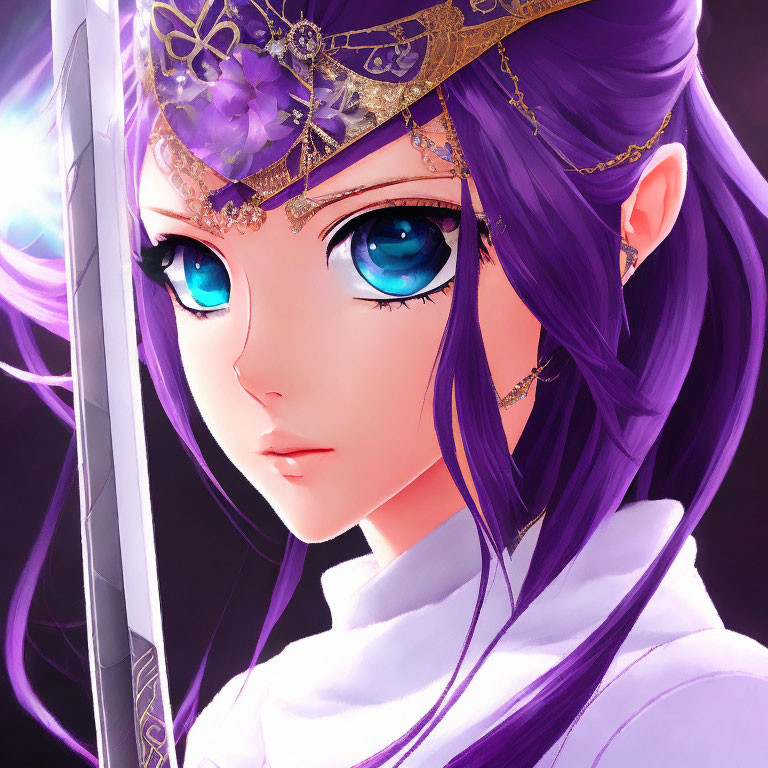 Detailed Illustration of Female Character with Purple Hair and Glowing Sword