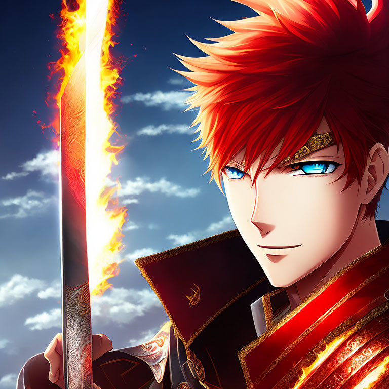 Red-haired anime character with fiery sword and unique mark in red and black outfit against dramatic sky