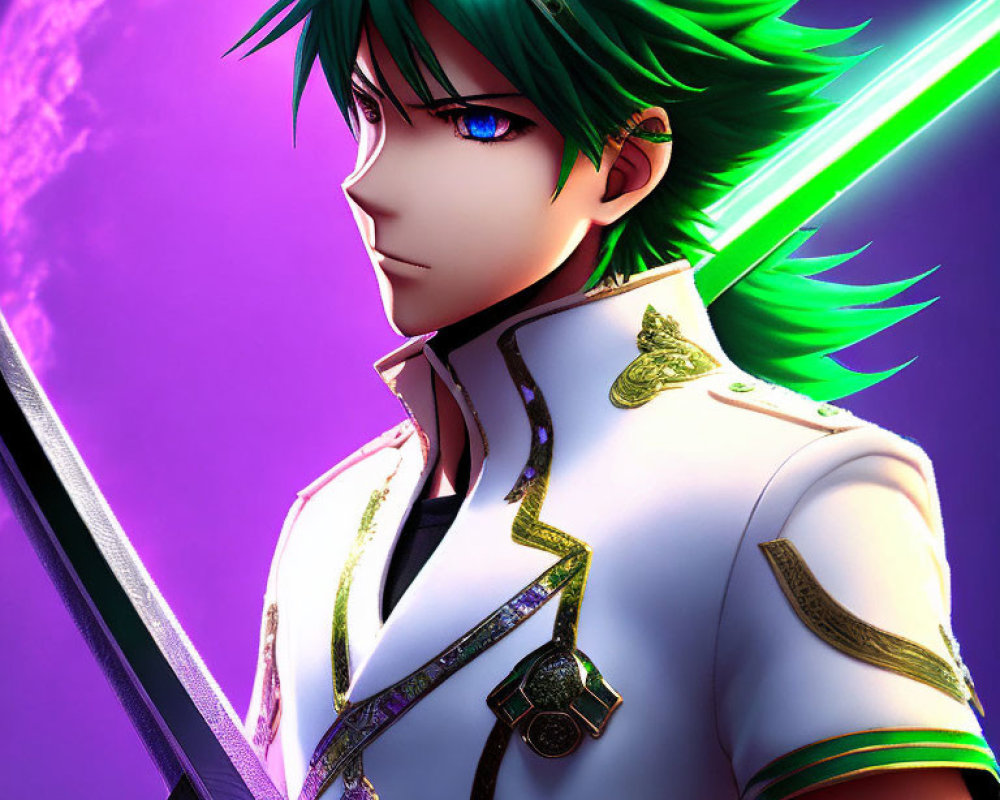 Spiky Green-Haired Animated Character in White Military Uniform