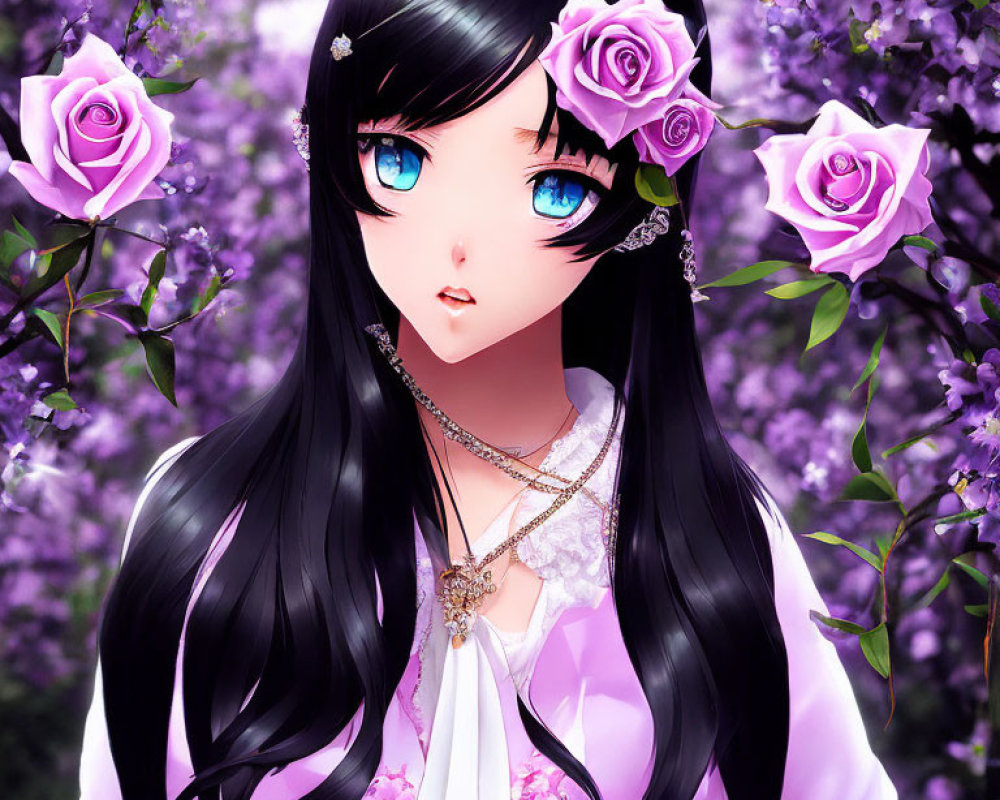 Anime-style girl with blue eyes and long black hair in a field of purple flowers