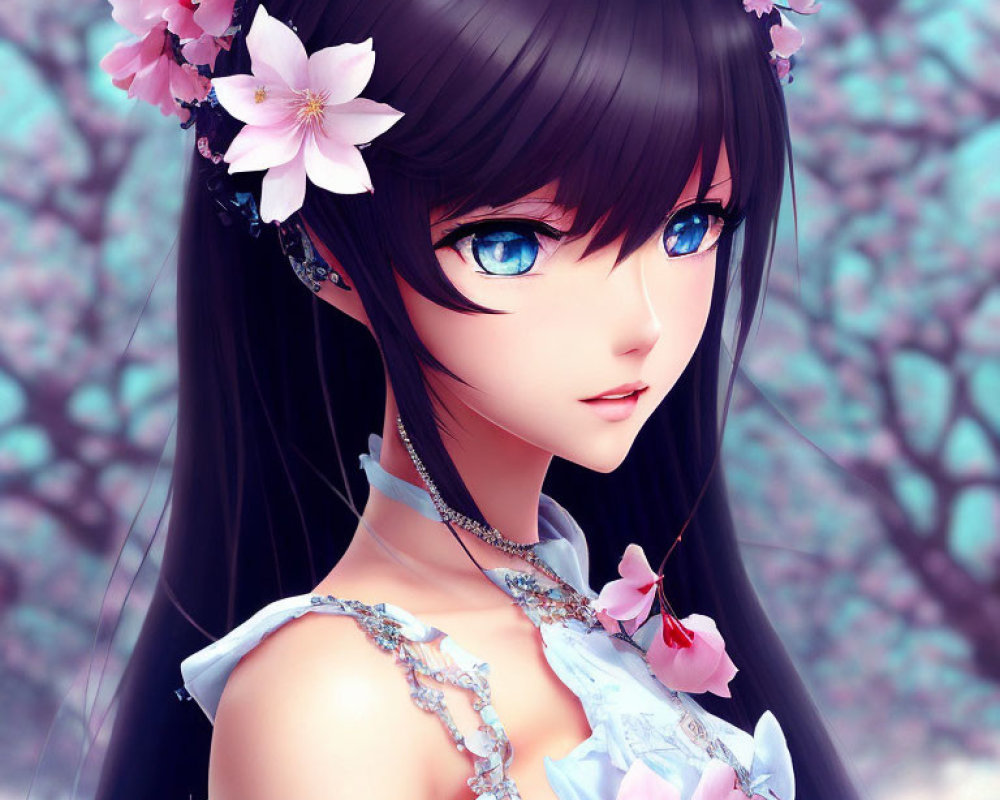 Anime-style Female Character with Blue Eyes and Dark Hair in Blue Dress