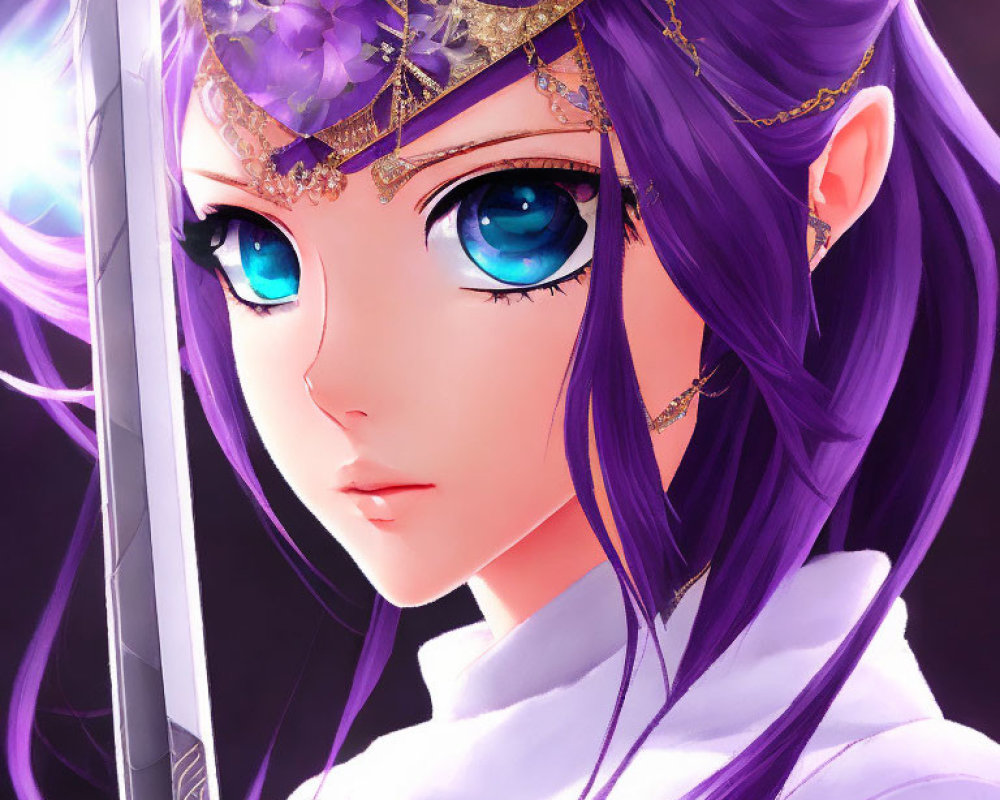 Detailed Illustration of Female Character with Purple Hair and Glowing Sword