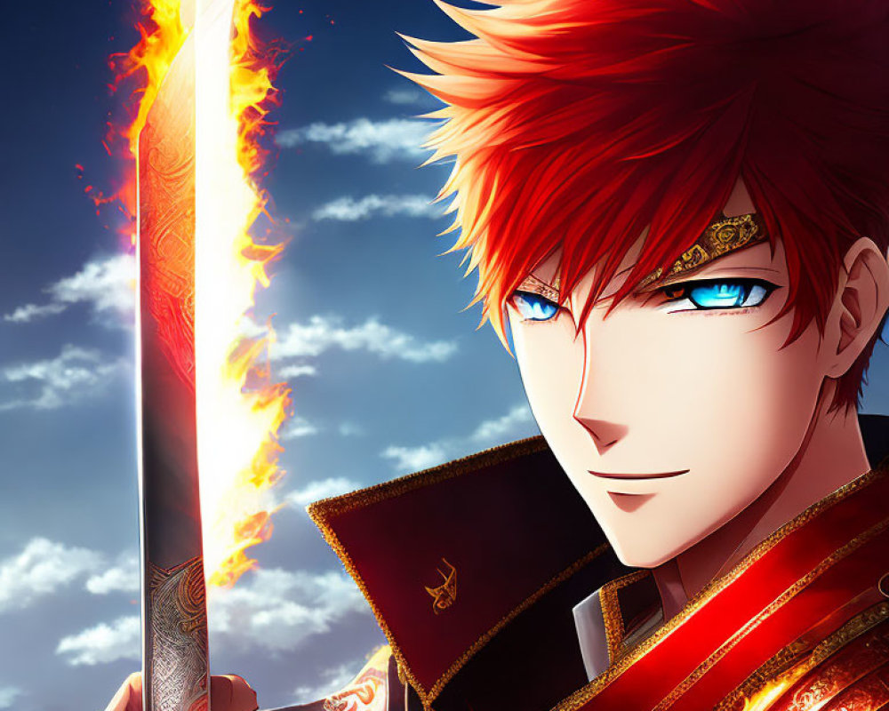 Red-haired anime character with fiery sword and unique mark in red and black outfit against dramatic sky