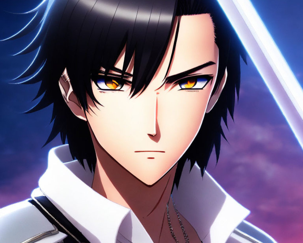 Male anime character with sharp yellow eyes and dark hair in white and black uniform under blue light