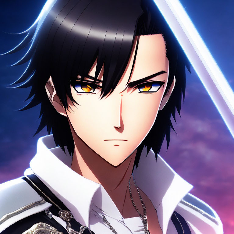 Male anime character with sharp yellow eyes and dark hair in white and black uniform under blue light