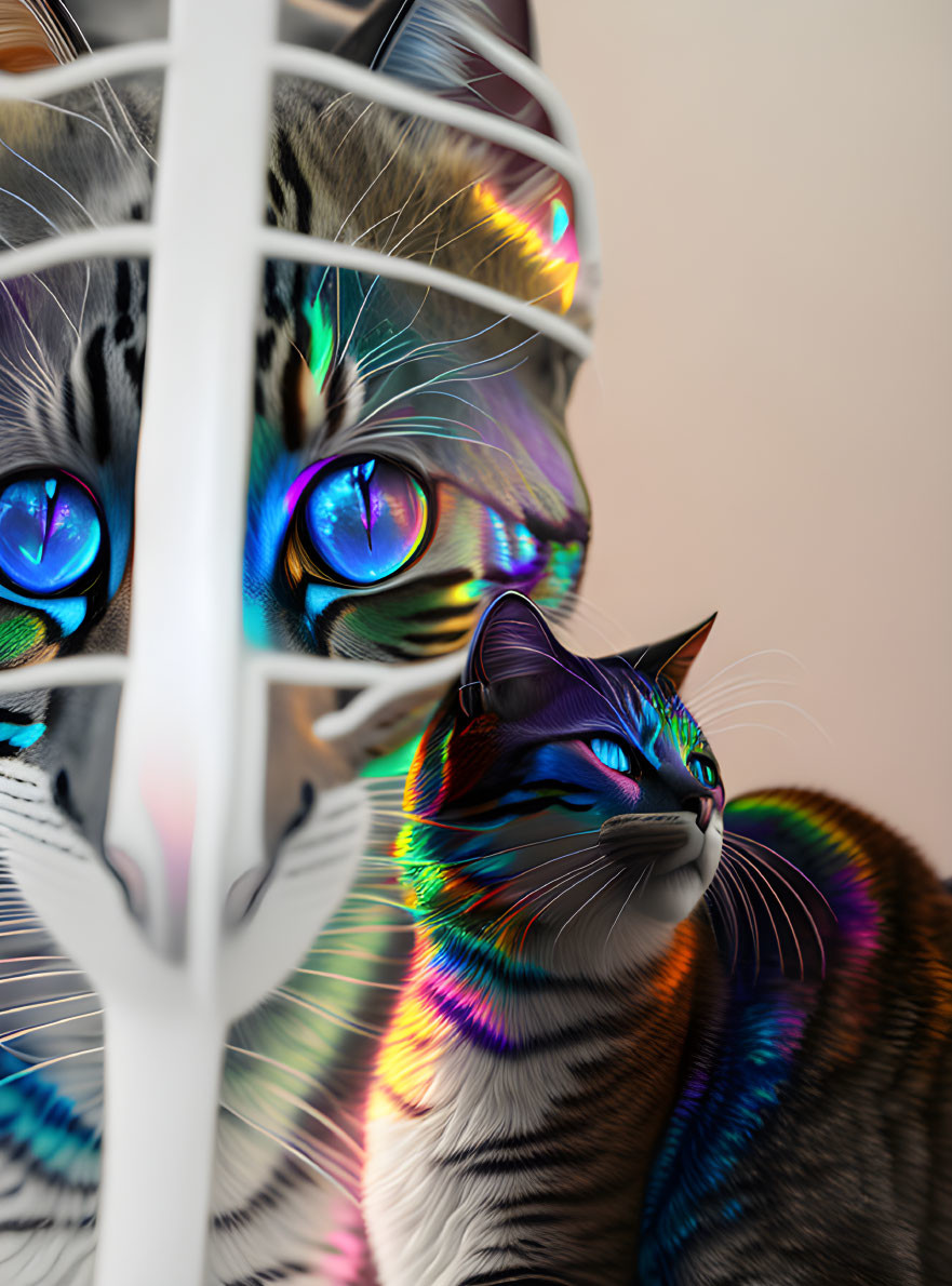 Reflective multi-colored cats with blue eyes in digital art