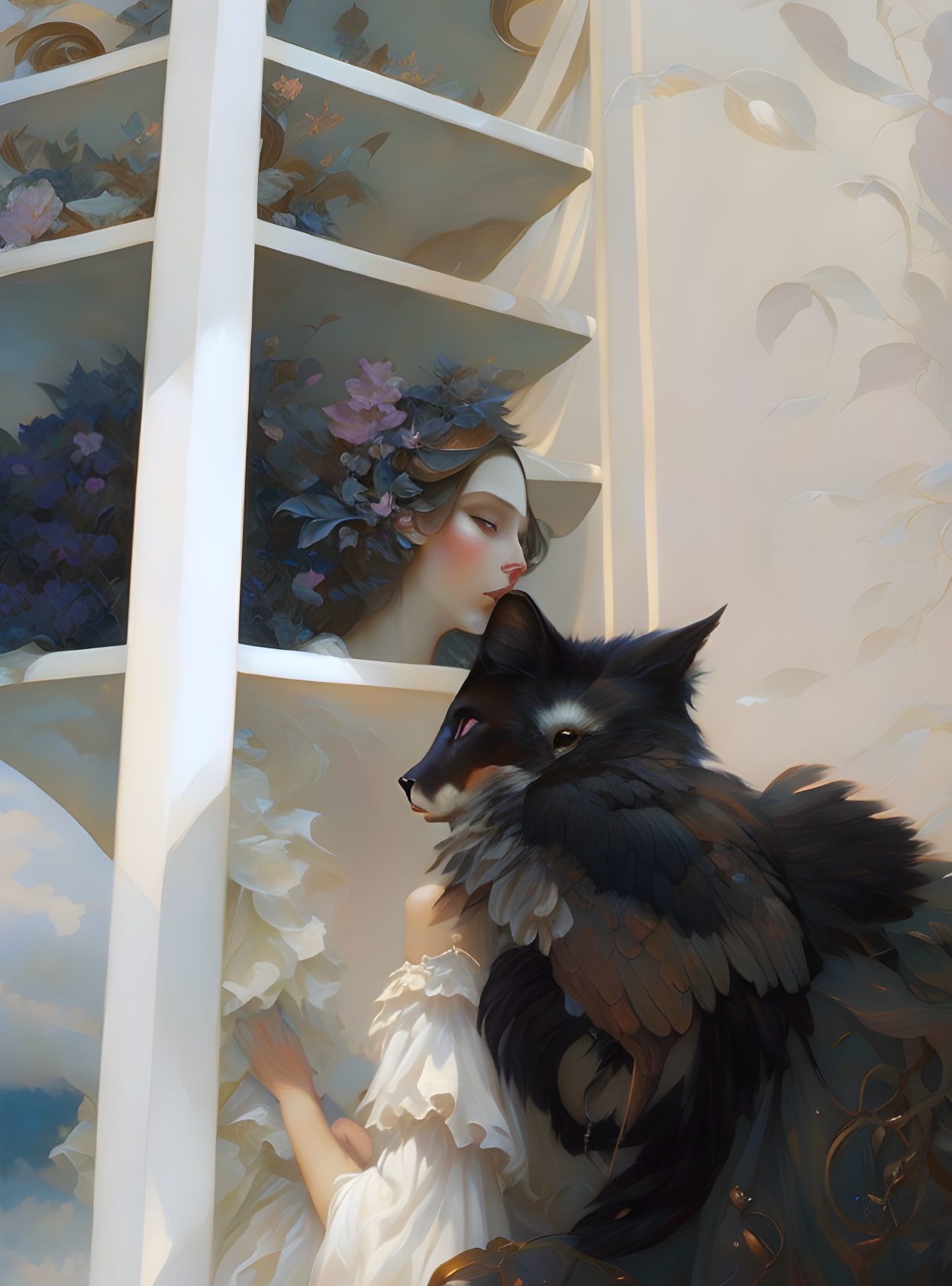 Woman and fox-like creature with red markings in dreamy setting