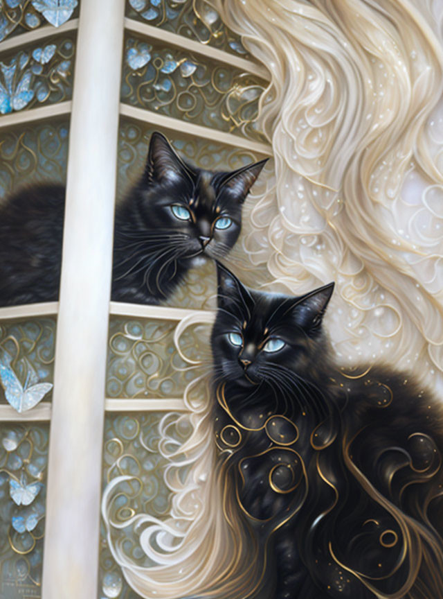 Black cats with blue eyes surrounded by swirling patterns and butterflies.