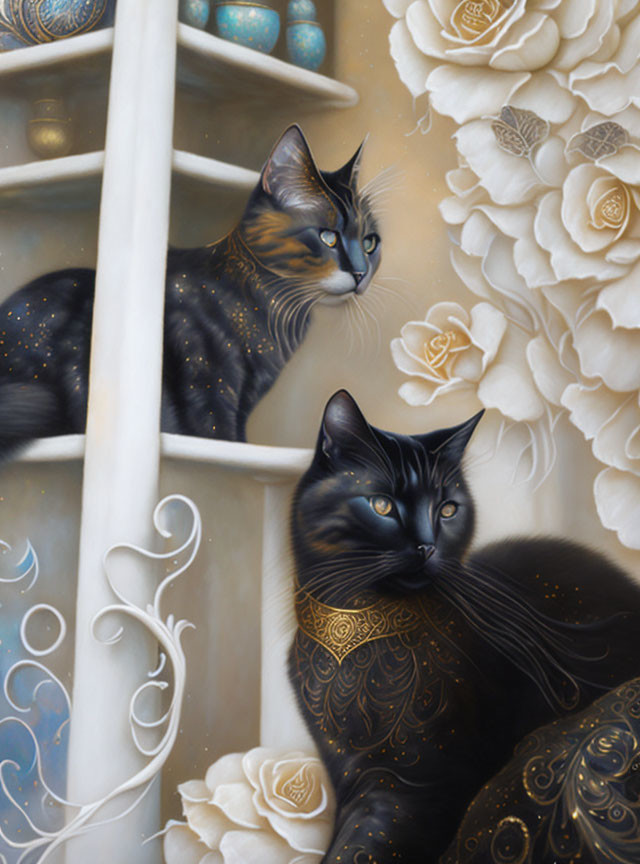 Elegant black cats with golden markings among white roses and decorative shelves