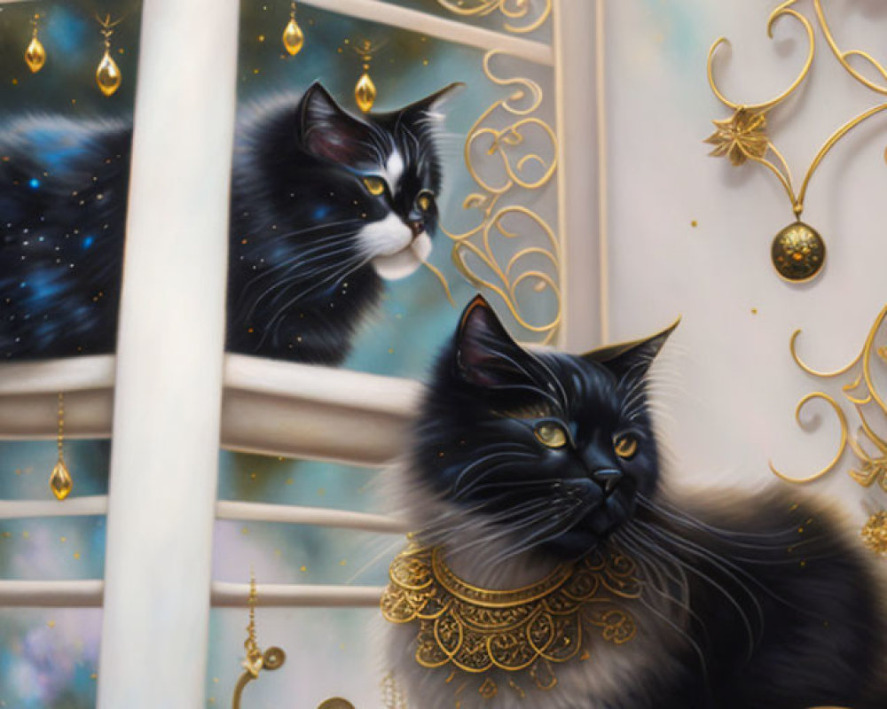 Black Cats with Gold Collars on Cosmic Window Background