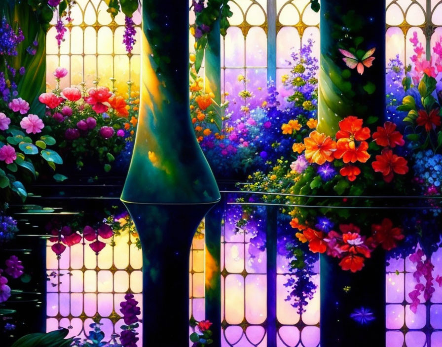 Colorful Stained Glass Window of Whimsical Garden Scene