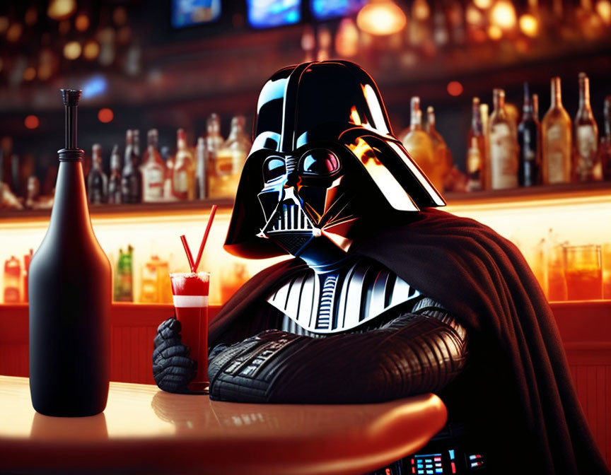 Person in Darth Vader costume at bar with cocktail and bottles in background