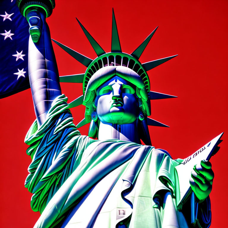 Statue of Liberty in high-contrast with red background and American flag detail